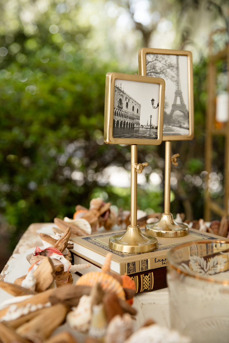 Beautiful details at a wedding day cocktail hour table in Savannah GA