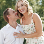 A couple celebrate their engagement in Buffalo Bayou Park, Houston