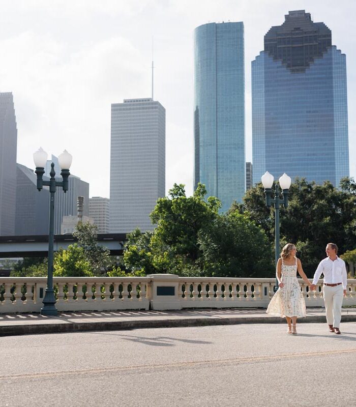 Engagement photography portrait session on Sabine St Bridge, downtown Houston