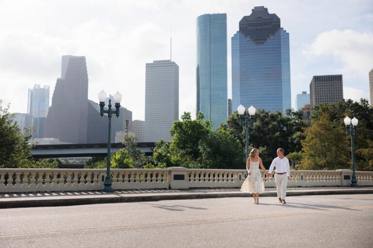 Engagement photography portrait session on Sabine St Bridge, downtown Houston
