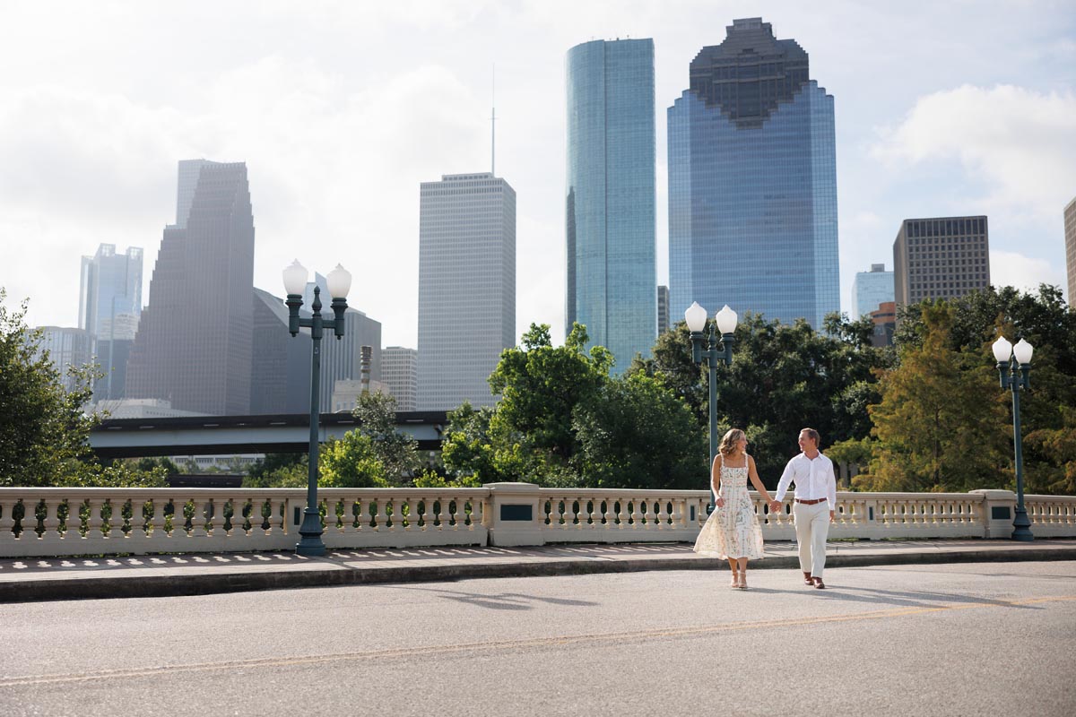 Engagement photography portrait session on Sabine St Bridge, downtown Houston