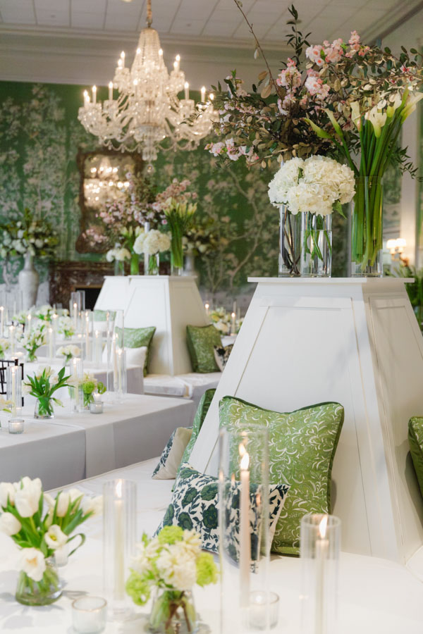 River Oaks Country Club wedding photography of the reception space in the dining room with the iconic green and white wallpaper and fireplace