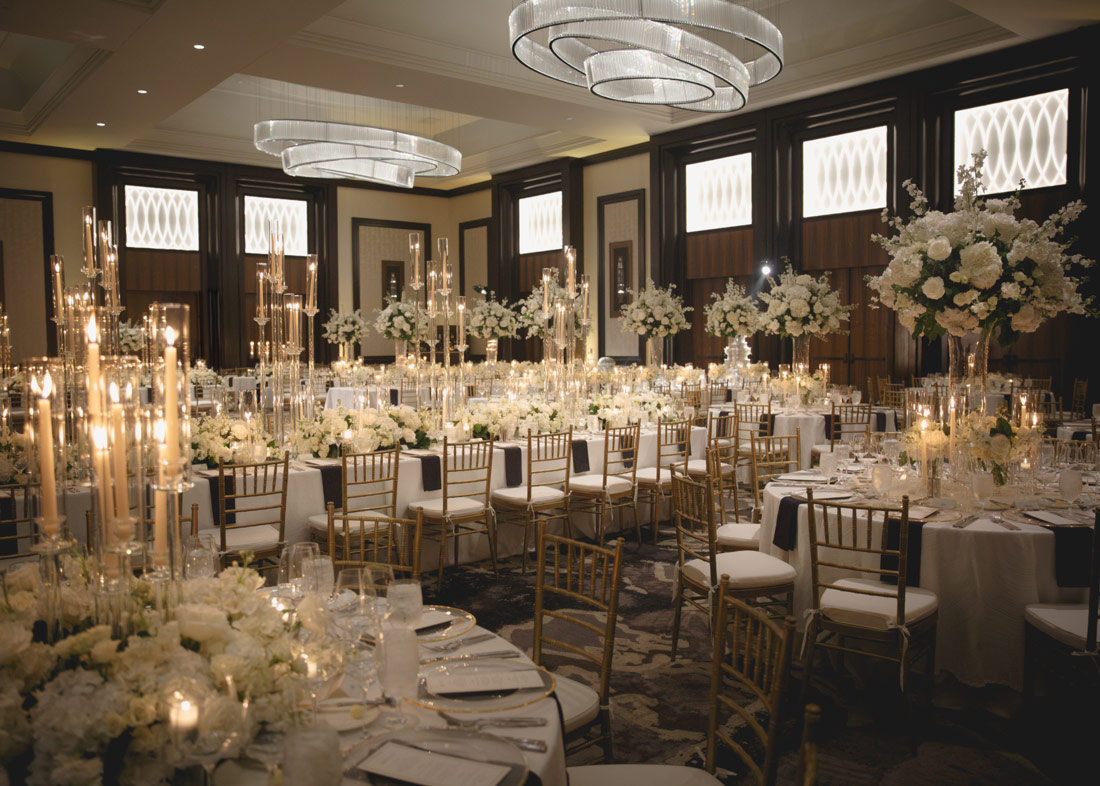 The ballroom at The Post Oak Hotel at Uptown Houston, elegantly set for a luxury, beautifully designed wedding reception