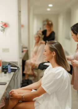 The bride's hair is styled