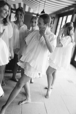 The bride has fun on the wedding morning
