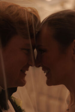 The bride and groom faces close